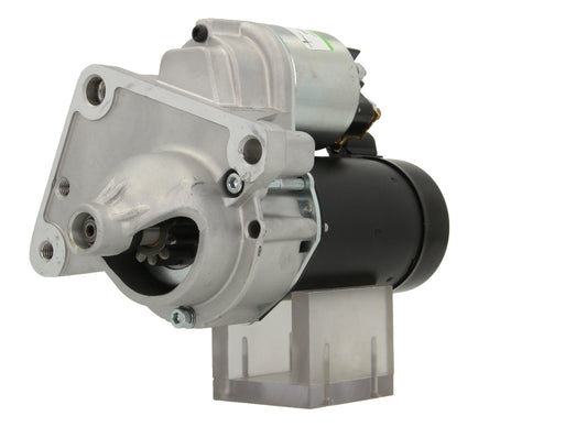A new 12V starter motor 1.4KW for Citroën, Peugeot and Toyota vehicles, featuring a silver body with mounting holes and electrical connectors.