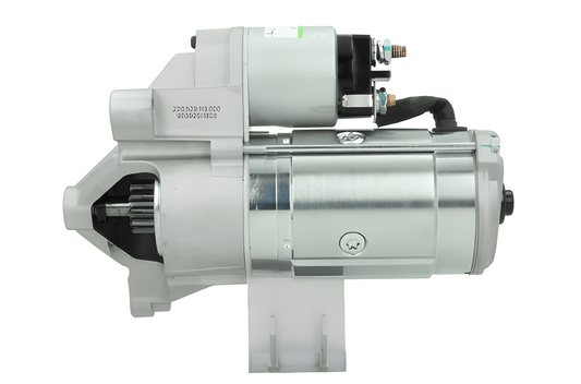 side view of a A new 12V starter motor for Citroën,  Peugeot, Toyota and vauxhall vehicles, 2.3KW featuring a metallic body with a 65 mm spigot and 11 teeth.