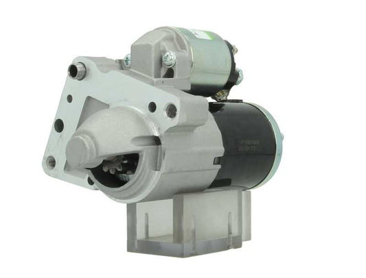 A new 12V starter motor 1.7Kw with 11teeth for Citroën, Peugeot, Toyota, Audi, volkswagen and suzuki vehicles, featuring a metallic body with a black and silver color scheme.