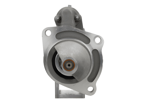 front view of A 12V starter motor 2.1KW for a david brown vehicle, predominantly in black color with metal components and electrical connectors.