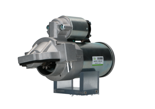 A new 12V Ford starter motor with 2.2 kW power and 11 teeth, visible mounting points, and electrical connectors.