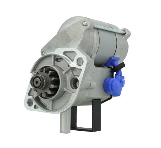 A 12V new Kubota starter motor with 11 teetj and a silver and gray body, featuring mounting points and a blue electrical connector. with a power of 1.4KW