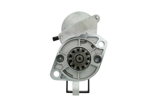 front view of A 12V new Kubota starter motor with 11 teeth and a silver and gray body, featuring mounting points and a blue electrical connector. with a power of 1.4KW
