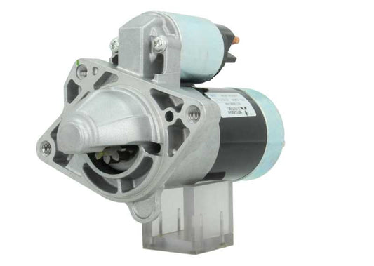 A new 12V starter motor with 11 teeth for Renault, opel, nissan and vauxhall vehicles, showing the metal housing and electrical connectors. 2.0KW