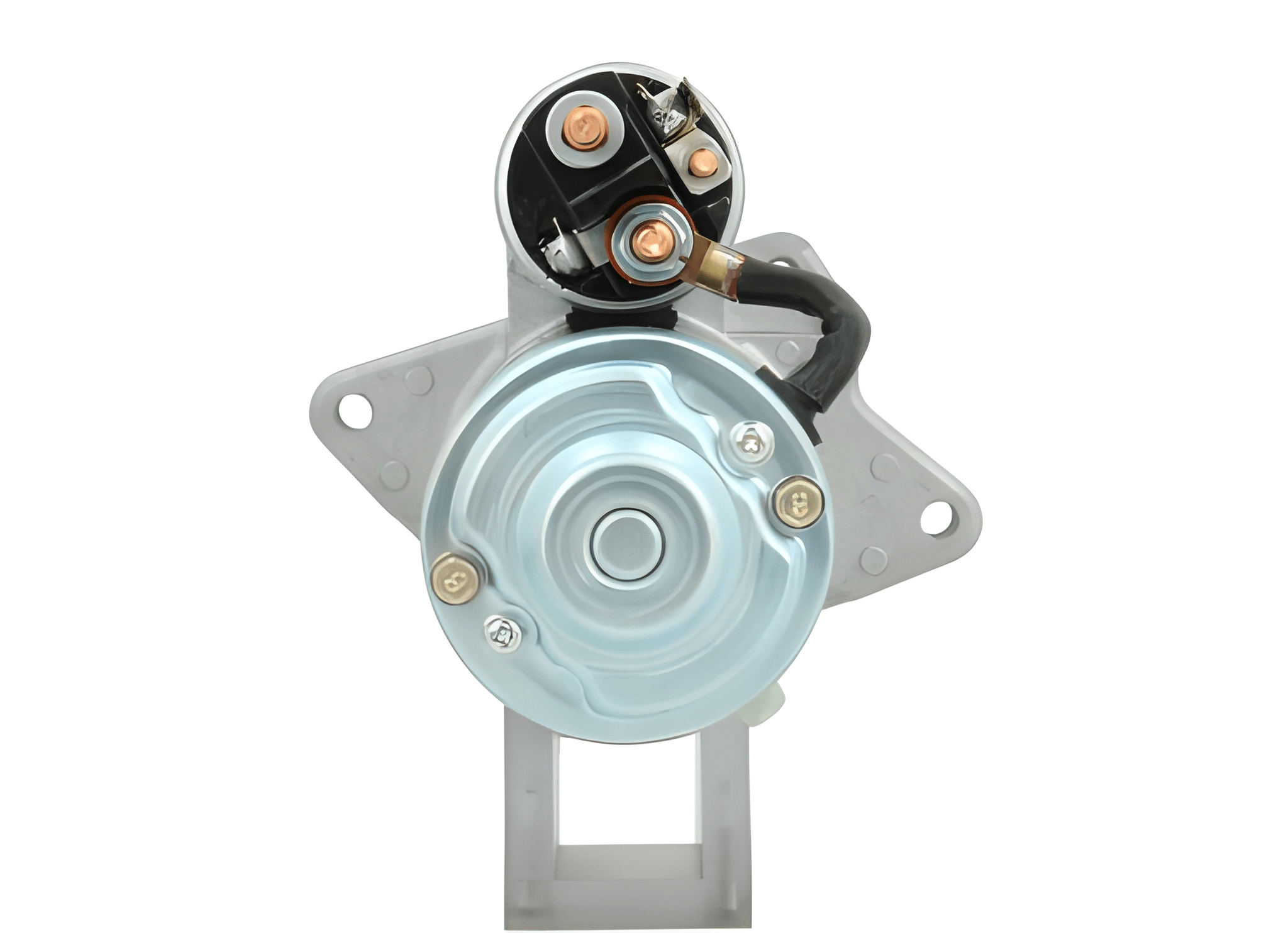 back view of A new 12V starter motor with 11 teeth for Renault, opel, nissan and vauxhall vehicles, showing the metal housing and electrical connectors. 2.0KW