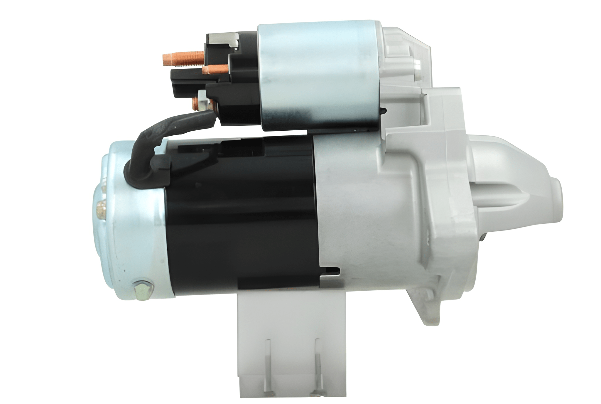 side view of A new 12V starter motor with 11 teeth for Renault, opel, nissan and vauxhall vehicles, showing the metal housing and electrical connectors. 2.0KW