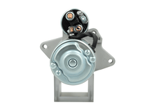 rear view of A new 12V starter Renault 2.2 kw, with a metallic body, electrical terminals, and a mounting flange.
