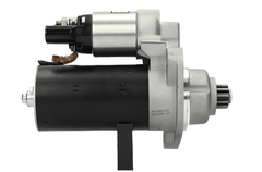 side view of a new 12V starter motor 1.7KW for Volkswagen, Seat, Skoda and Audi vehicles, displaying the front left side with 11 teeth and a 76.1 mm spigot.