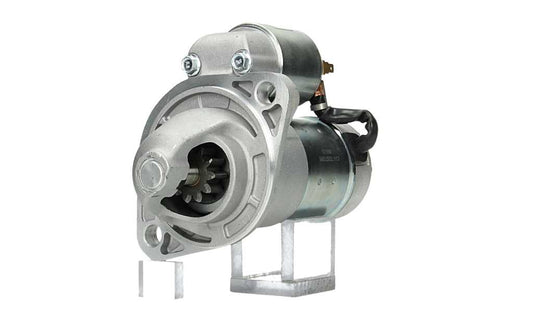 A new 12V Yanmar starter motor 1.2KW for vehicles, 11 teeth, displaying metal components and a silver color.