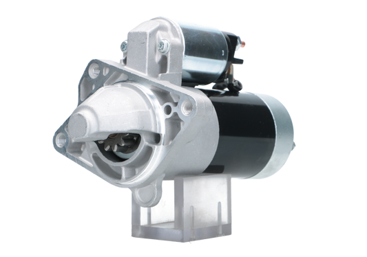 A new 12V starter motor for Renault, Nissan, Vauxhall and opel vehicles with a power of 2.2 kw and 11 teeth, showing a metal body with a black and silver color scheme, designed for a vehicle's ignition system.