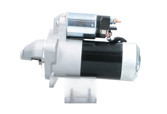 side view of A new 12V starter motor for Renault, Nissan, Vauxhall and opel vehicles with a power of 2.2 kw and 11 teeth, showing a metal body with a black and silver color scheme, designed for a vehicle's ignition system.
