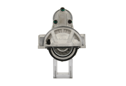 front view of A new Ford starter motor with a 1.7 kW power rating and a 12V voltage rating, displayed against a white background. comes with 11 teeth