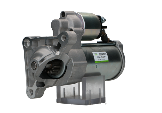 A new 12V starter motor 1.7KW for Citroën, Peugeot, Opel, Vauxhall vehicles, 12 teeth featuring a metallic body with mounting holes and electrical connectors. 