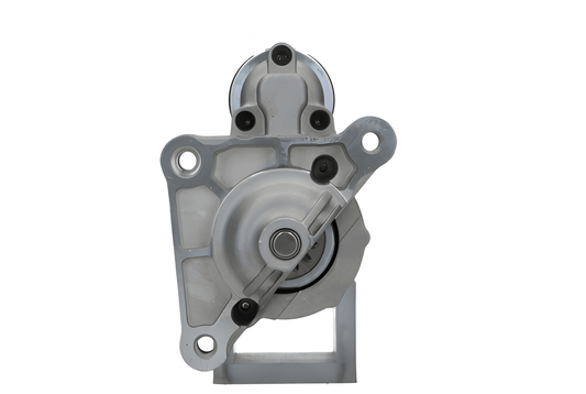 front view of A new 12V starter motor 1.7KW for Citroën, Peugeot, Opel, Vauxhall vehicles, 12 teeth featuring a metallic body with mounting holes and electrical connectors. 