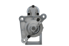 front view of A new 12V starter motor 1.7KW for Citroën, Peugeot, Opel, Vauxhall vehicles, 12 teeth featuring a metallic body with mounting holes and electrical connectors. 