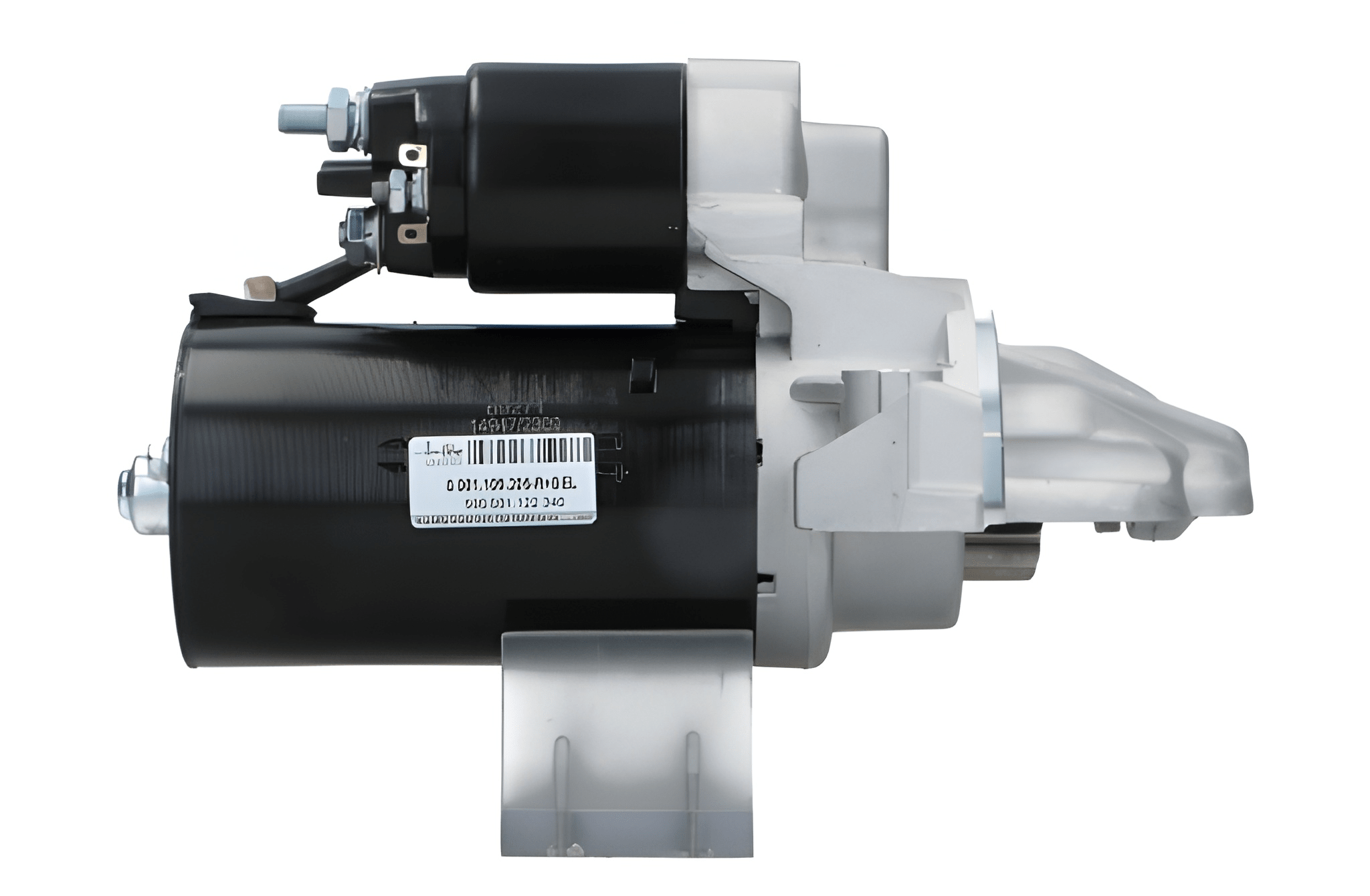 side view of A new 12V 2.0KW starter motor with 12 teeth for Ford, fiat, citroen, peugeot and land rover vehicles, showcasing the front left side of the product.