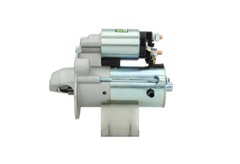 side view of A new 12V starter motor for Ford and mazda vehicles with 12 teeth and power of 1.4KW, showing the metal body and electrical connectors.