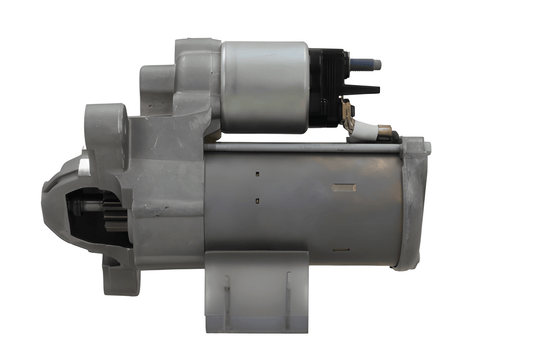 side view of A new 12V 1.7KW starter motor with 12 teeth for Citroën, Opel, Vauxhall and Peugeot vehicles, showing a metallic body with a solenoid and electrical connectors.