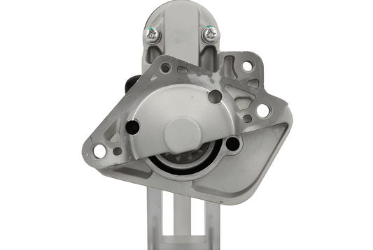 front view of A new 12 teeth aftermarket starter motor for Renault, nissan, dacia and mercedes vehicles, with a 1.4 kW power rating and 12V voltage.