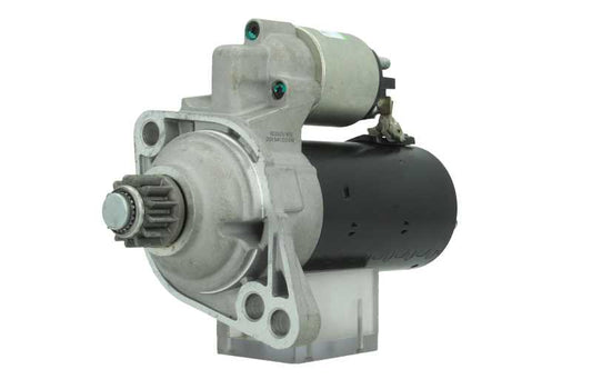 A new 12V starter motor for Audi, Skoda, Seat and Volkswagen vehicles, 2.2KW showcasing its metallic body and electrical connectors. 13 teeth