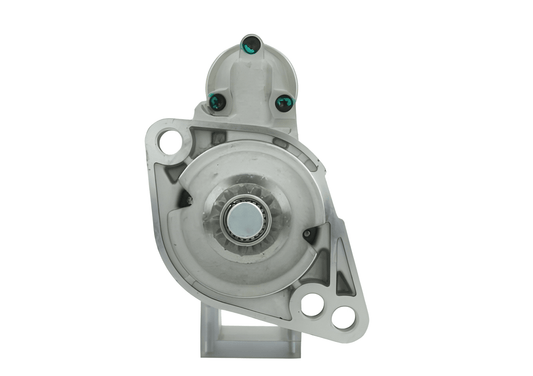 front view of A new 12V starter motor for Audi, Skoda, Seat and Volkswagen vehicles, 2.2KW showcasing its metallic body and electrical connectors. 13 teeth