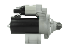 side view of A new 12V starter motor for Audi, Skoda, Seat and Volkswagen vehicles, 2.2KW showcasing its metallic body and electrical connectors. 13 teeth
