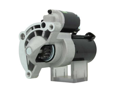 A new 12V starter motor with a 1.4KW power rating built for Citroën, Vauxhall, Opel and Peugeot vehicles, featuring a metallic body with a black and silver color scheme.