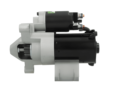 side view of A new 12V starter motor with a 1.4KW power rating built for Citroën, Vauxhall, Opel and Peugeot vehicles, featuring a metallic body with a black and silver color scheme.
