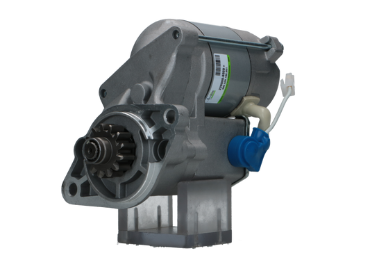 A new 12V Kubota starter motor 1.4KW, showing a metallic body with wiring and a blue component on the side.