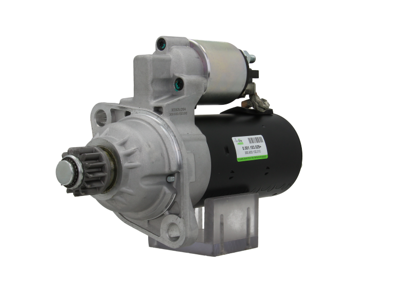 A new 12V starter motor 2.2KW for Volkswagen and MAN vehicles, displaying the exterior metal housing and electrical connectors. 