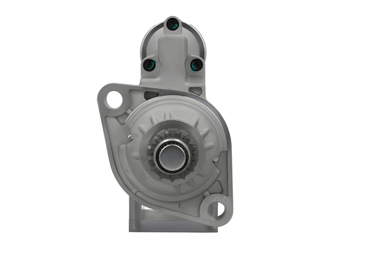 front view of A new 12V starter motor 2.2KW for Volkswagen and MAN vehicles, displaying the exterior metal housing and electrical connectors. 