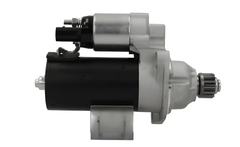 side view of A new 12V starter motor 2.2KW for Volkswagen and MAN vehicles, displaying the exterior metal housing and electrical connectors. 