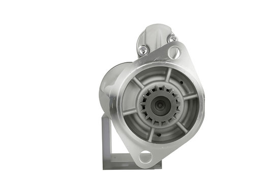 front view of A new Yanmar 12V starter motor with 2.2 kW power rating, 15 teeth displayed against a white background