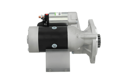 side view of A new Yanmar 12V starter motor with 2.2 kW power rating, 15 teeth displayed against a white background