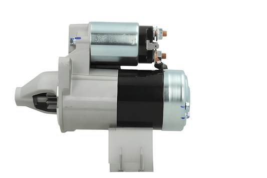 side view of A new 12V Kubota starter motor with a silver and black colour scheme, 8 teeth designed for 0.95 kW power output.