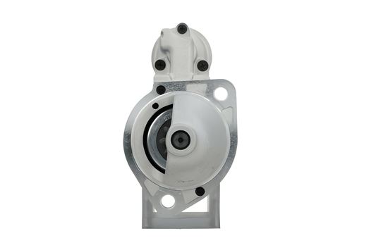 front view of A new 12V Deutz starter motor with 2.3 kW power rating and 9 teeth, visible mounting points, and electrical connectors.