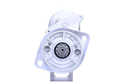 front view of A 12v new starter motor 2.2KW for Isuzu and opel / vauxhall vehicles, 9 teeth showing the front view with a silver and black color scheme