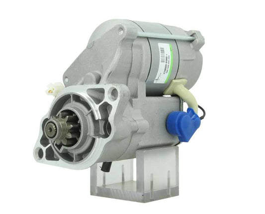 A new 12V Kubota starter motor with a silver and gray color, 1.2KW and 9 teeth featuring various electrical connectors and mounting points.