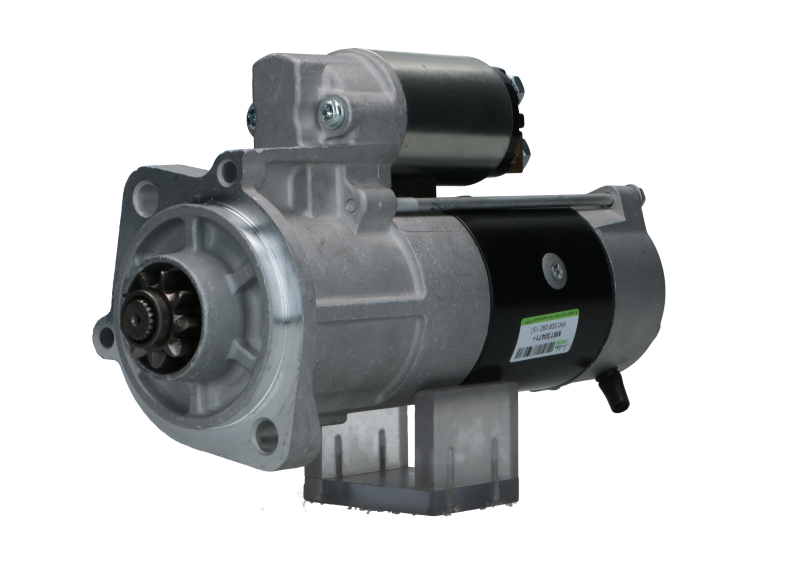 A new 12V Kubota starter motor with 3.6 kW power rating and 9 teeth, displaying metal components and electrical connectors.