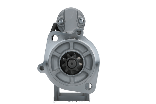 front view of A new 12V Kubota starter motor with 3.6 kW power rating and 9 teeth, displaying metal components and electrical connectors.