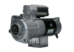 A new 12V Kubota starter motor with 3.6 kW power rating and 9 teeth, displaying metal components and electrical connectors.