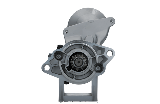 front view of A gray 12V Kubota 1.4KW starter motor for vehicles, with visible mounting points and electrical connectors.