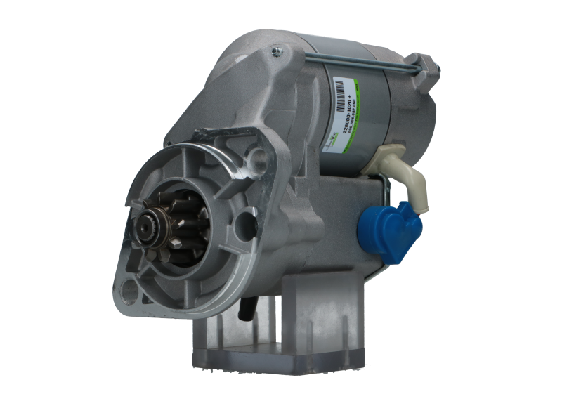 A new 12V Kubota starter motor with a 1.4 kW power rating, showing a metallic body with electrical connectors and a label.