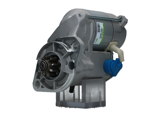 A new 12V Kubota starter motor with a 1.4 kW power rating, showing a metallic body with electrical connectors and a label.