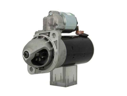 A new 12V starter motor for lombardini vehicles, predominantly metal with some plastic components, with a 2.0 kw power rating and 9 teeth.
