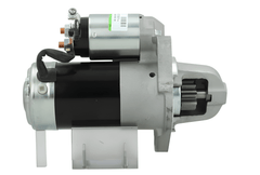 side view of A 12V Mitsubishi 2.0 kw starter, showing a metallic body with electrical terminals and mounting points.