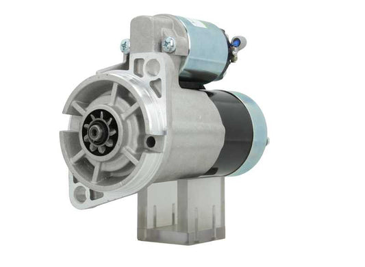 A new 12v Nissan starter motor with 1.0 kw power and 9 teeth displayed on a white background.