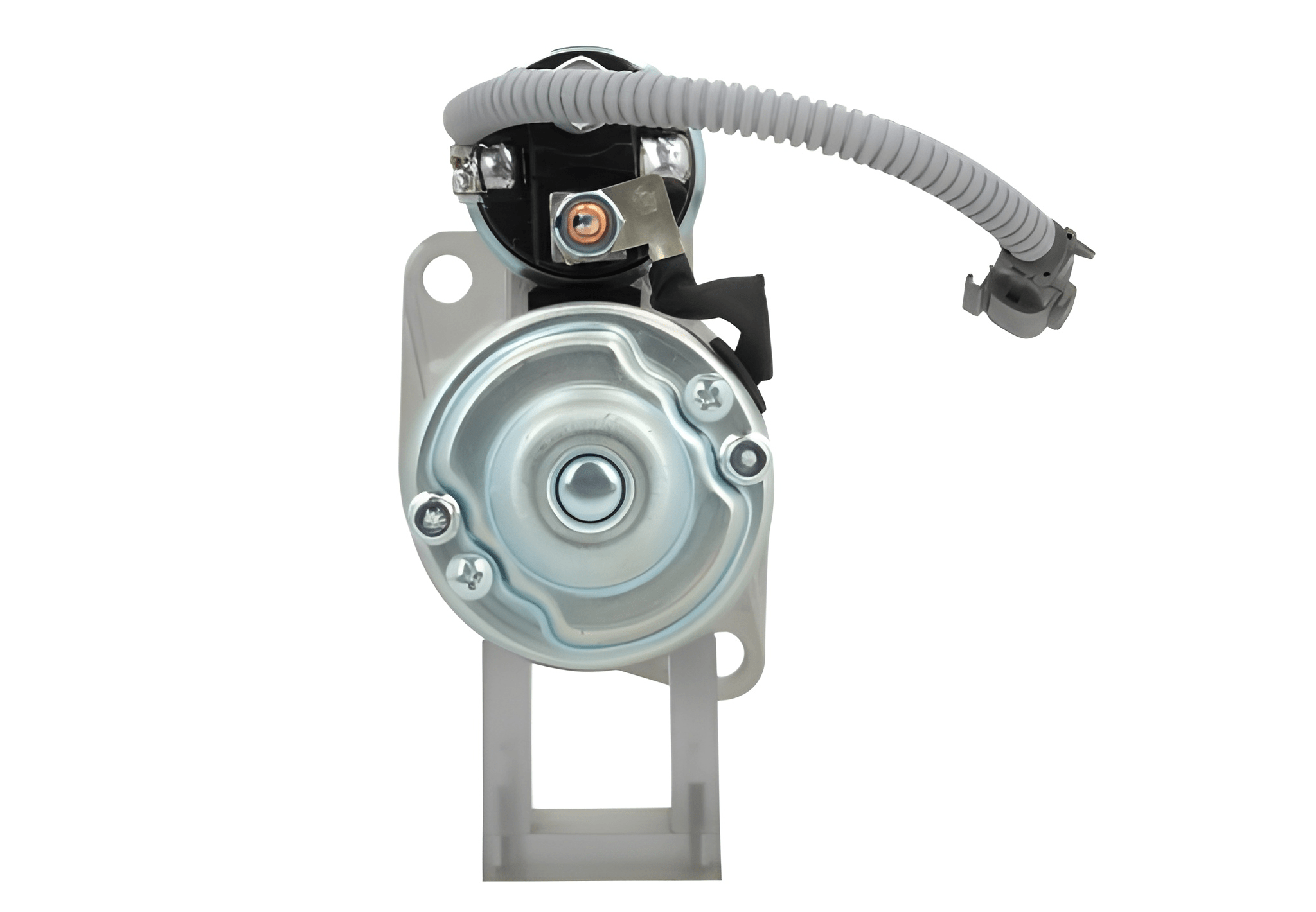 back view of A new 12v Nissan starter motor with 1.0 kw power and 9 teeth displayed on a white background.