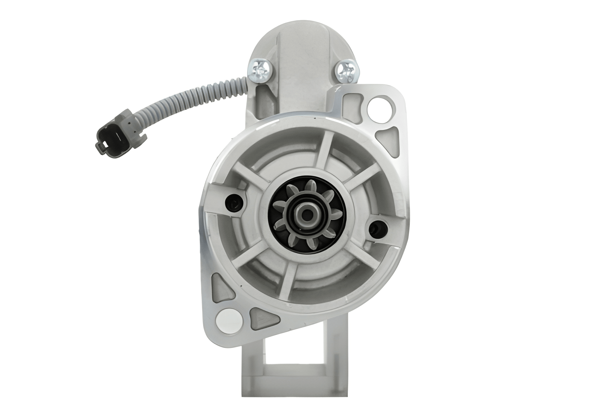 front view of A new 12v Nissan starter motor with 1.0 kw power and 9 teeth displayed on a white background.