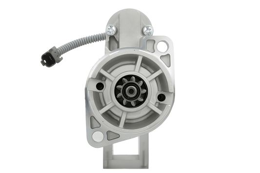 front view of A new 12v Nissan starter motor with 1.0 kw power and 9 teeth displayed on a white background.